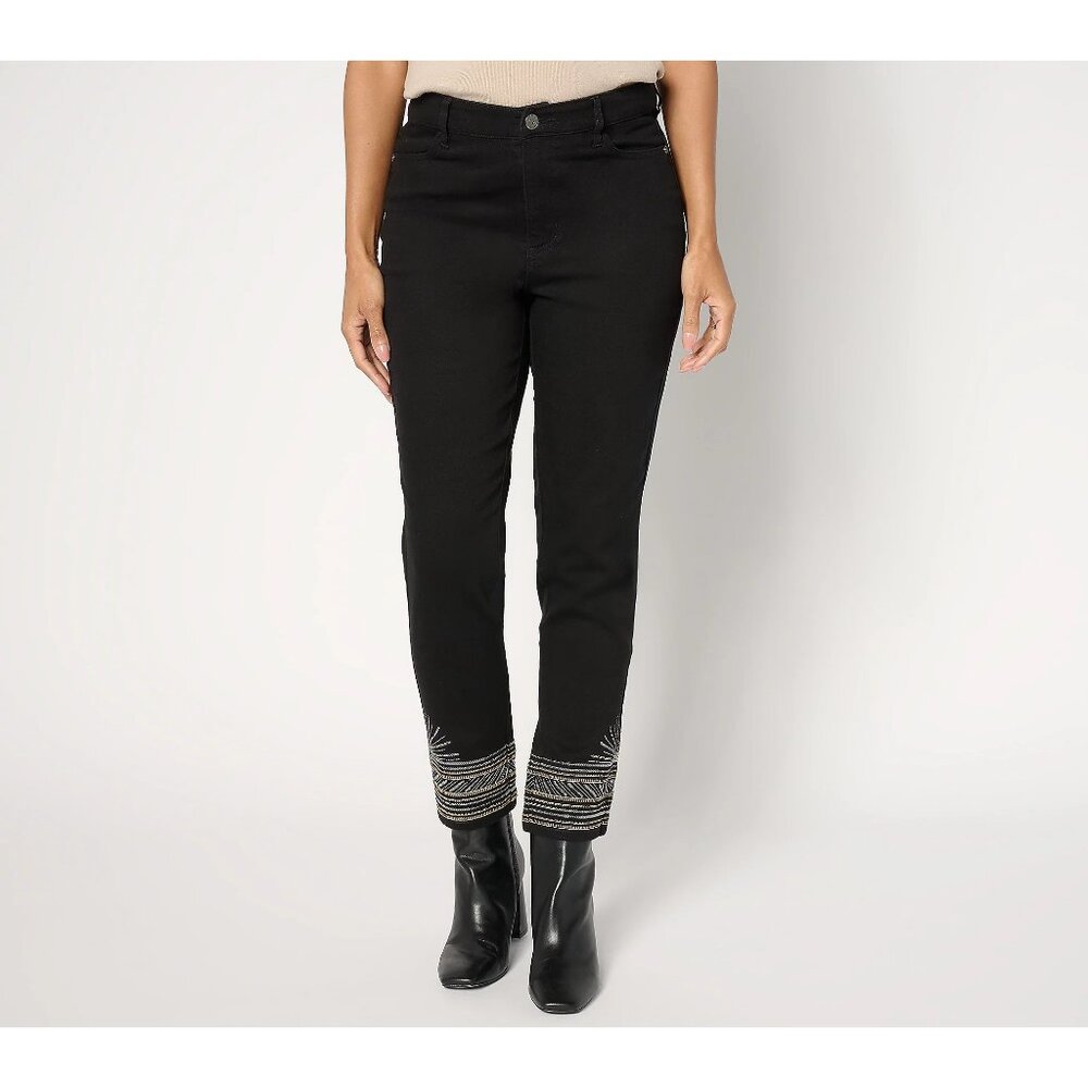 Susan Graver Regular Embellished Hem Straight Leg Jean Size 10 Black Grunge NEW